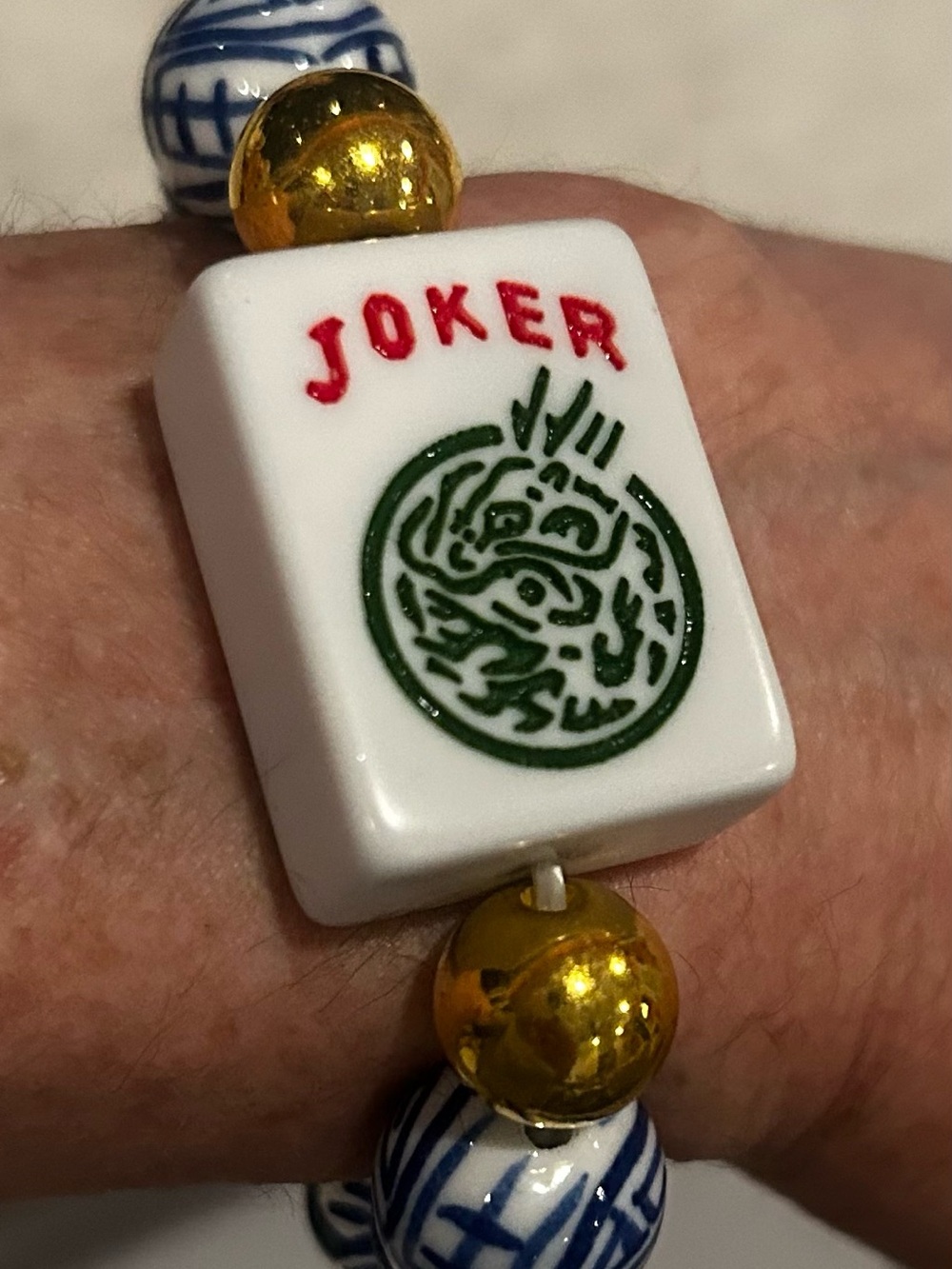 Joker Tile Bead Bracelet in White, Red and Green